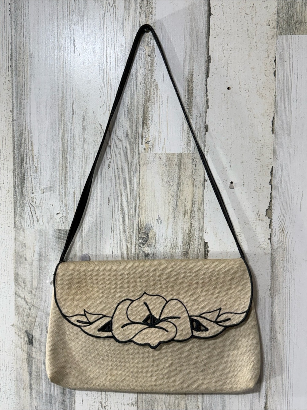 Reva Linen Beige Floral Embroidered Shoulder Bag with Black Trim